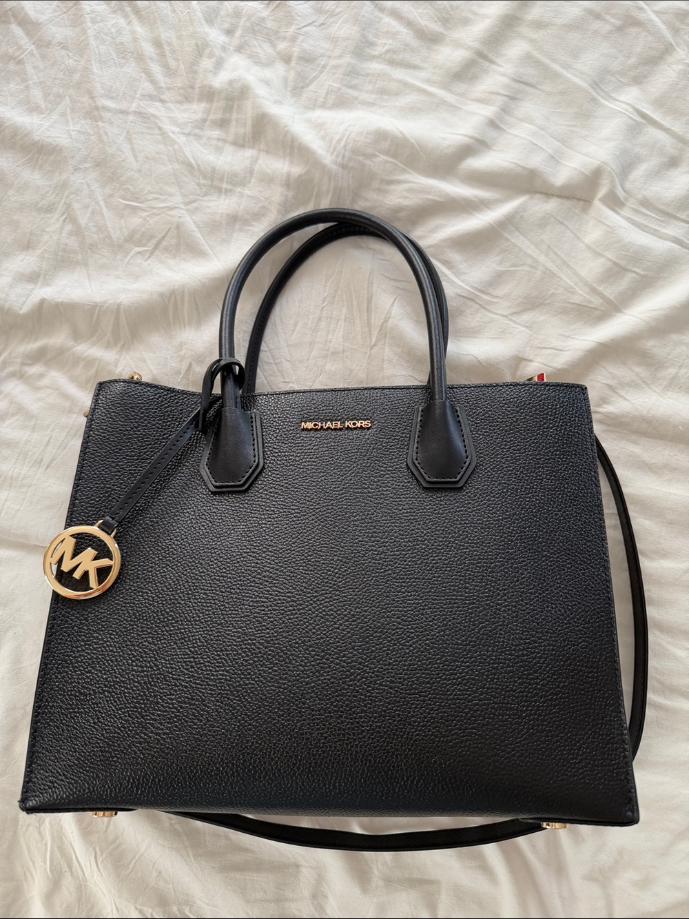 Michael Kors Black Pebbled Leather Satchel with Gold Accent Charm